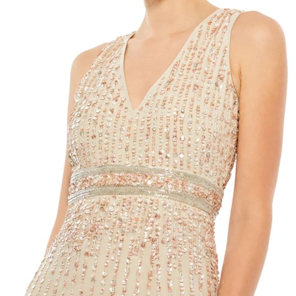 MAC DUGGAL 70267 SEQUINED SLEEVELESS V-NECK NUDE MIDI SHEATH DRESS sz 6 - Picture 3 of 5